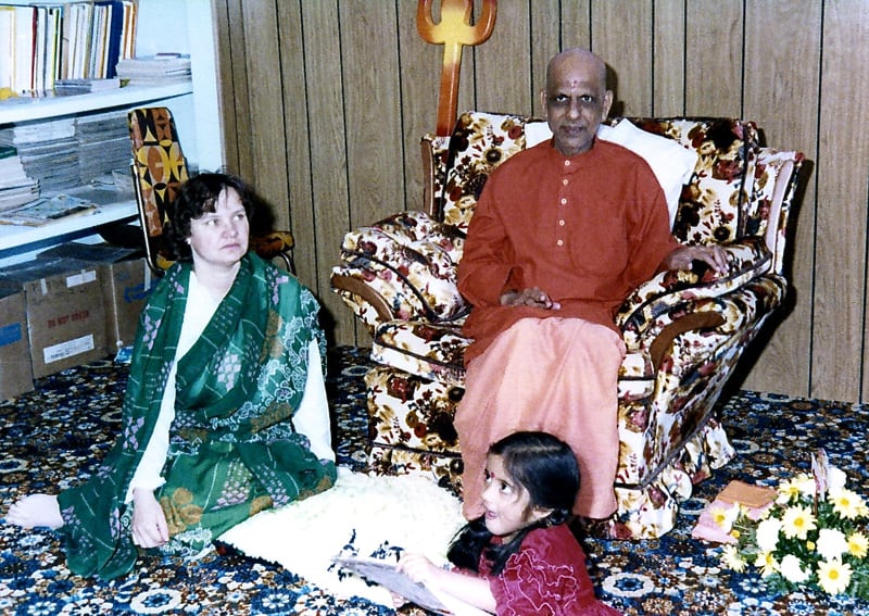 Ramesh and Neeta Panchal's Home in Nebraska. (Left to Right) Leela Bruner, Bapuji (Swami Kripalvananda, Swami Kripalu), and Susmita Panchal