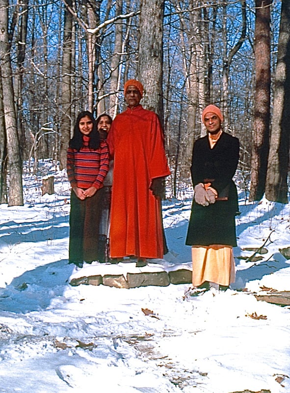 Kamini Desai, Urmila Desai (Mother), Swami Kripalvananda (Swami Kripalu), and Swami Vinit Muni at Kripalu Yoga Ashram