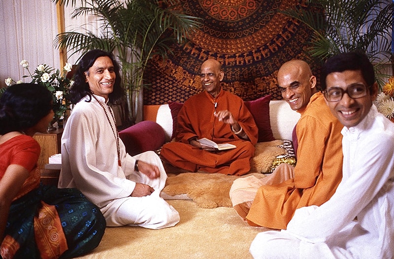 "Rajeshwari" Summit Station, Pennsylvania. Home for Swami Kripalvananda (Swami Kripalu). (Left to Right) Urmila Desai, Amrit Desai, Swami Kripalvananda, Swami Vinit Muni, and Ashutosh Muni.
