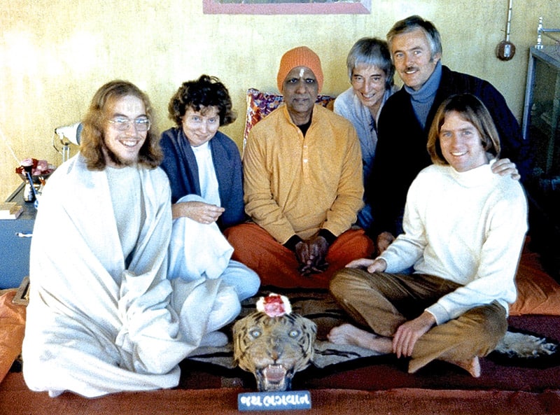 Brahmeshvara Jyotirshivalinga Temple. Atithi Aavas. (Left to Right) Barton Ward (Jayadev), Barbara Hoffman (Pran Shakti), Swami Kripalvananda (Swami Kripalu), Lila Osterman, Harvey Whitton, and Eric Baldwin (Umesh). 1973